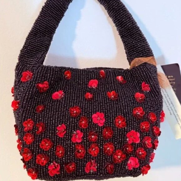 Made in India Small Black Beaded Bag With Red Sequin Flowers NWT - Picture 1 of 4